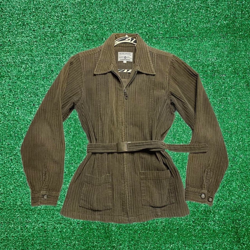 Stylish Vintage Corduroy Jacket With Belt Olive Green